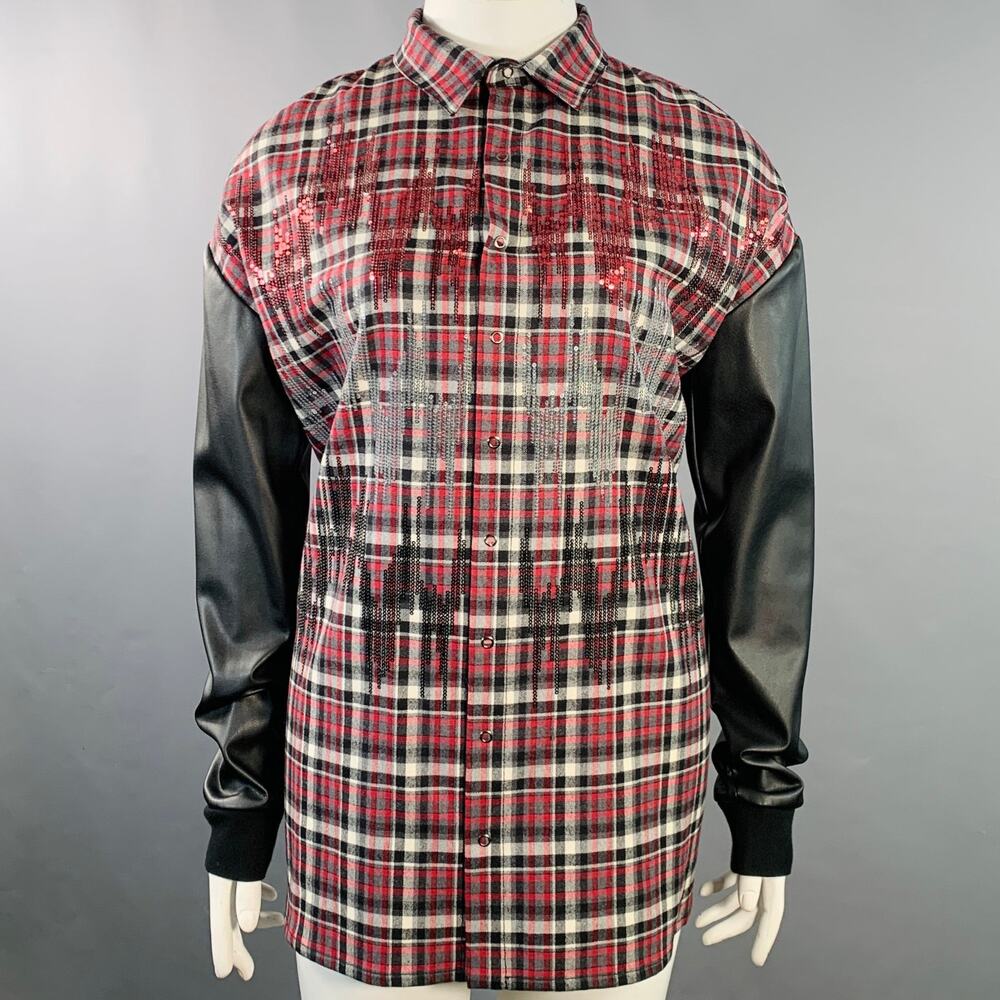 GIAMBATTISTA VALLI Size XL Black Red White Wool Blend Plaid Snaps Shirt